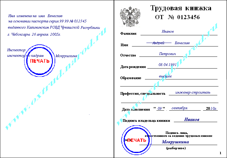 Изменить фамилию в трудовой книжке образец